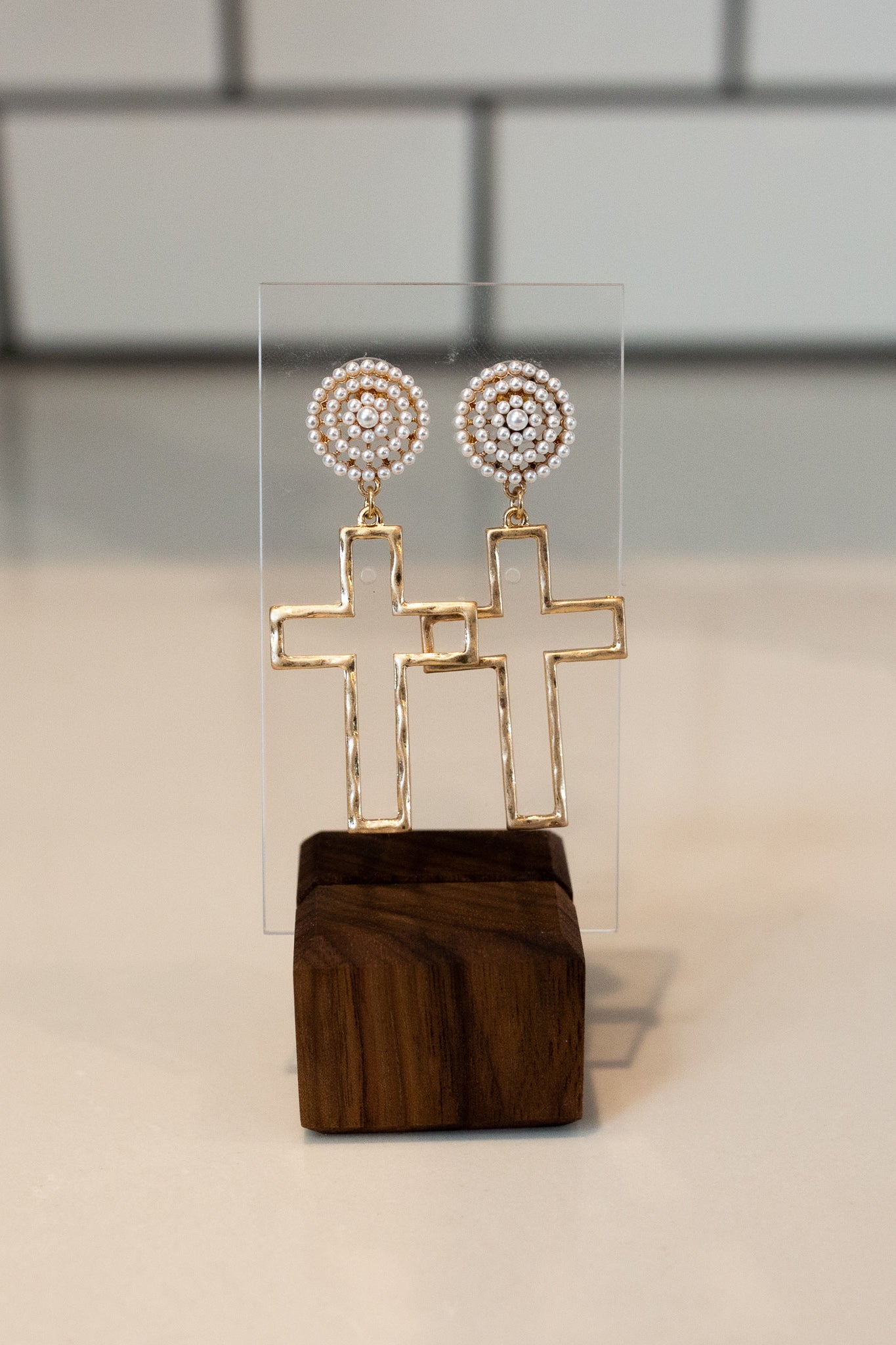 Pearl Cross Drop Earrings