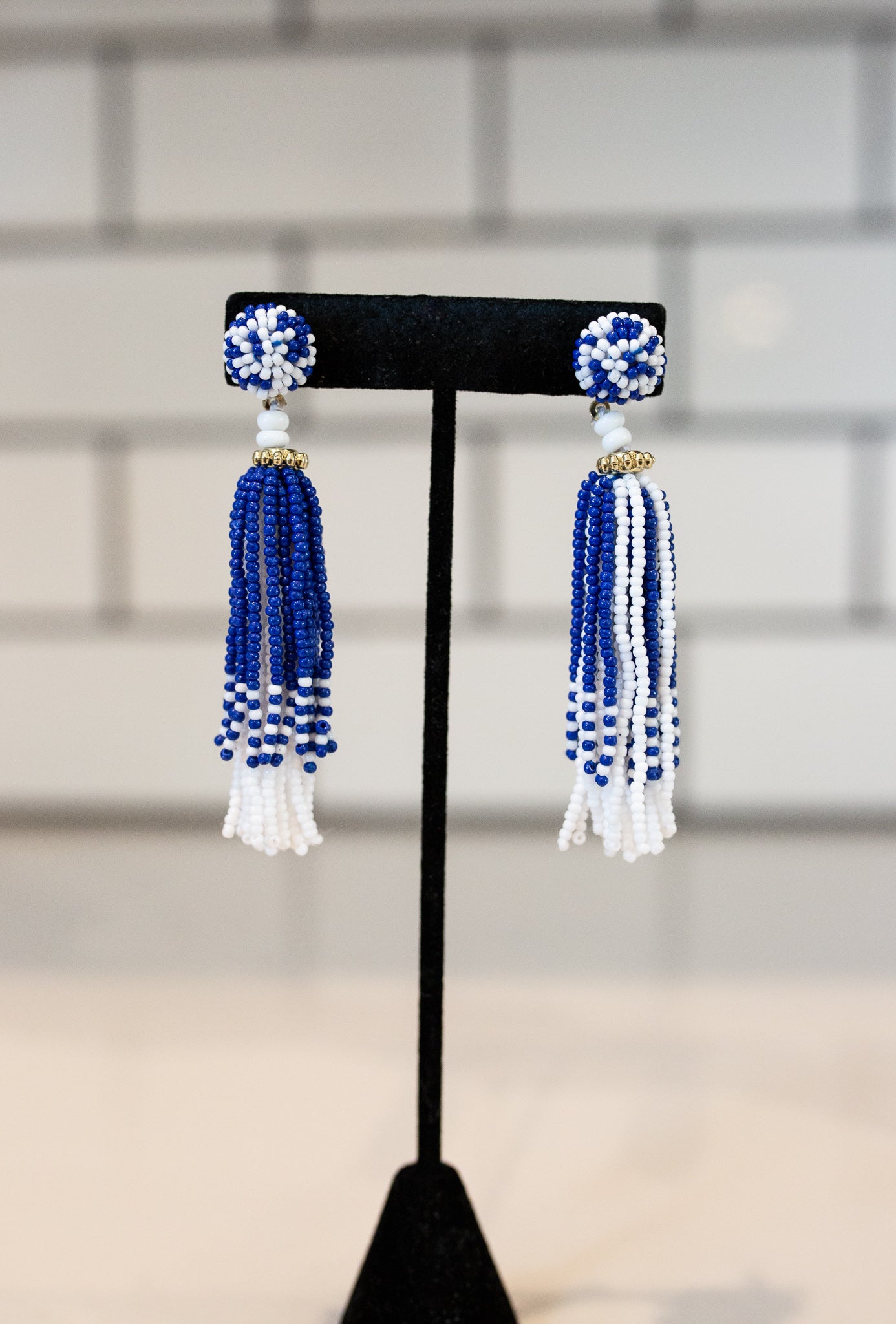 Beaded Tassel Earrings- Blue/White